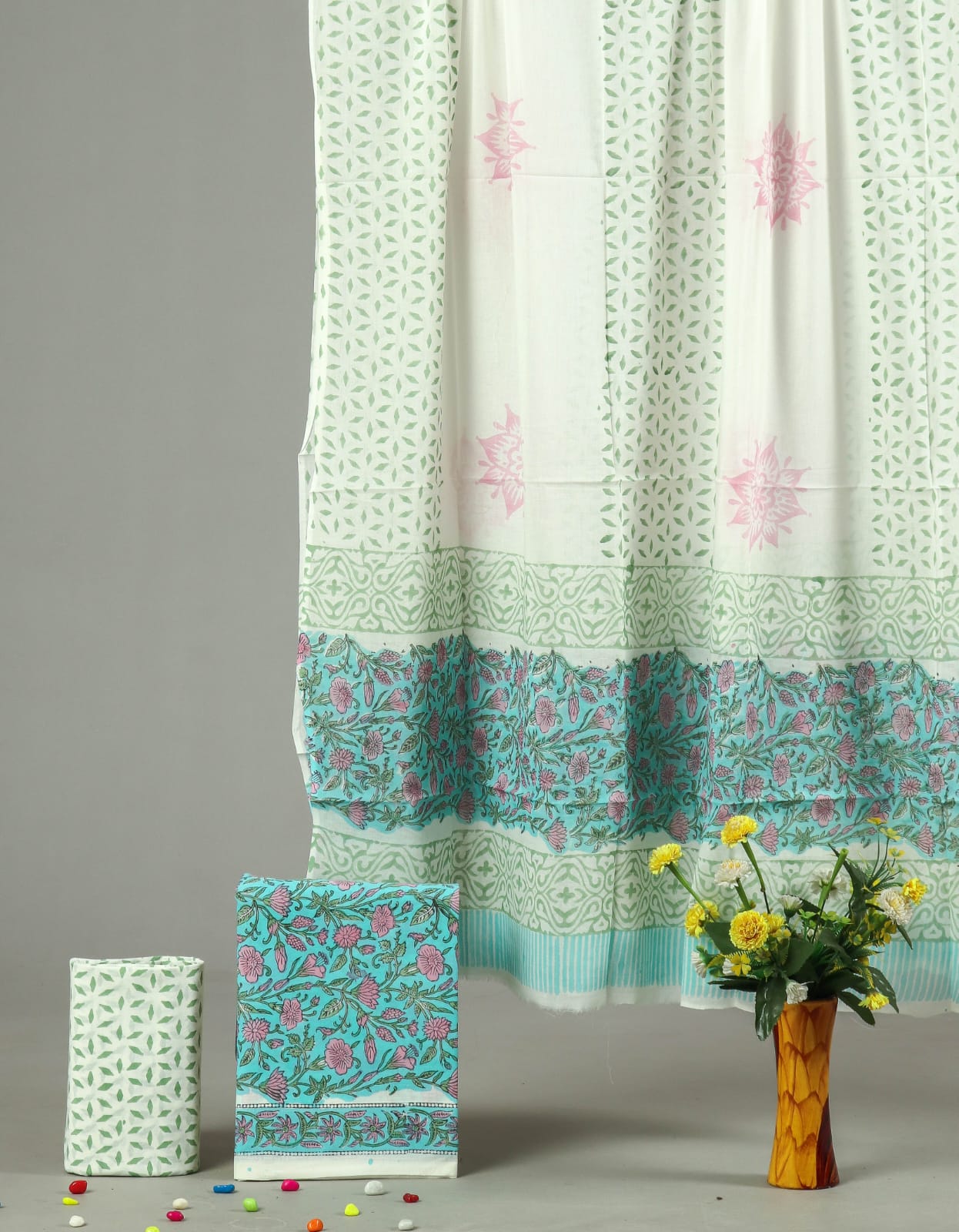 Mint Green Floral Hand Block Printed Cotton Suit Set | Summer Ethnic Wear (MVCOT73)