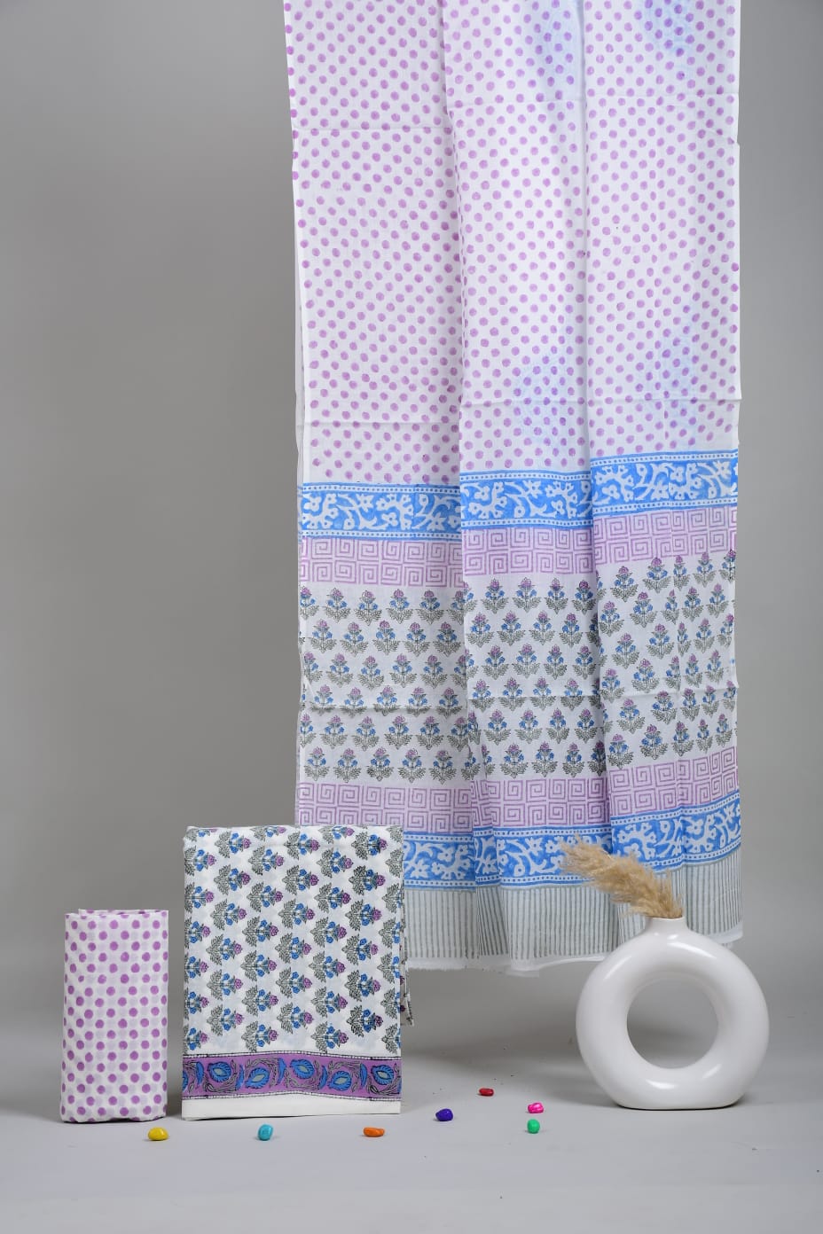 White Purple Hand Block Print Cotton Suit Set | Stylish Floral Design (MVCOT05)