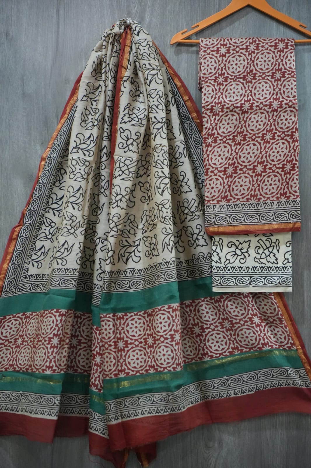 Cream & Maroon Chakri Geometric Hand Block Print Chanderi Silk Dress Material (MVCHS37)