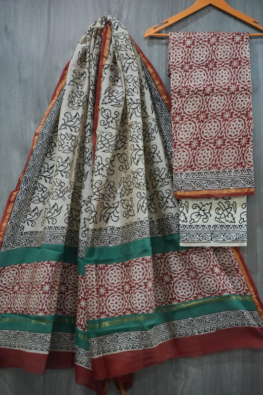 Cream & Maroon Chakri Geometric Hand Block Print Chanderi Silk Dress Material (MVCHS37)