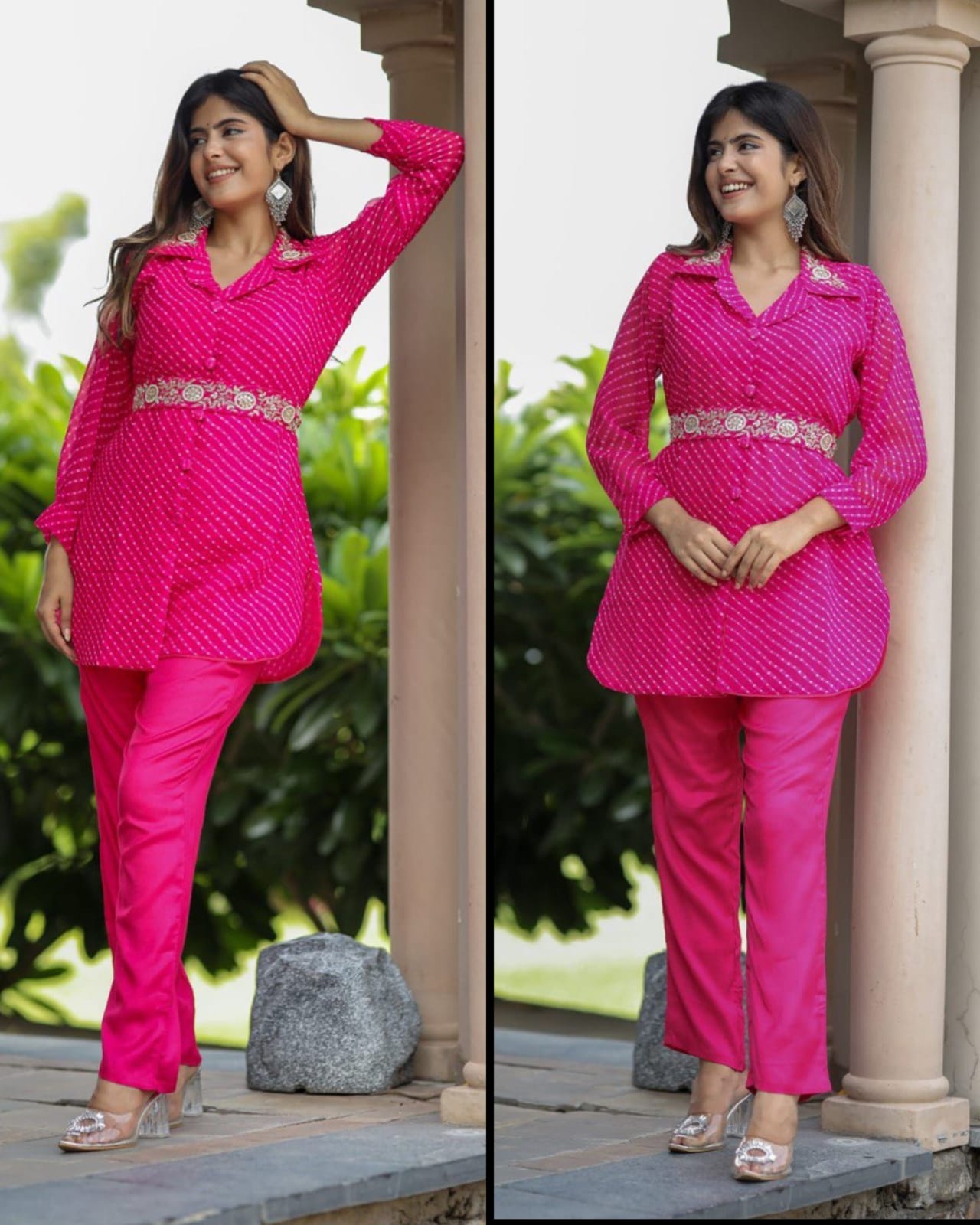 Hot Pink Georgette Designer Co-ord Set with Handwork Belt