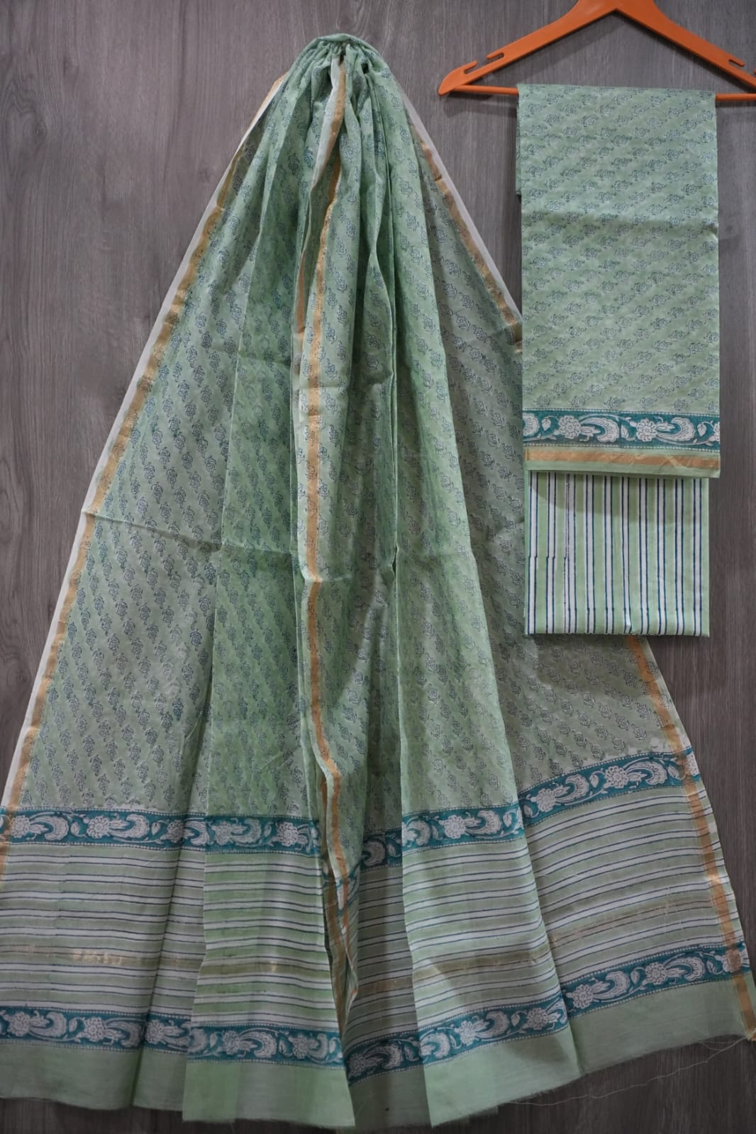 Sage Green & Teal Small Floral Butti Hand Block Print Chanderi Silk Dress Material (MVCHS39)