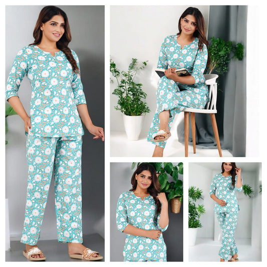 Mint Blue Floral Cotton Night Suit for Women | Comfortable Sleepwear (MVNS23)