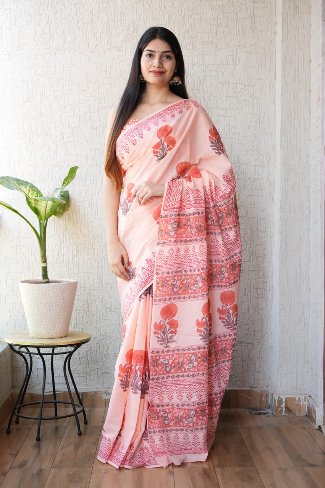 Peach Hand Block Printed Cotton Saree with Blouse (MVCS62)