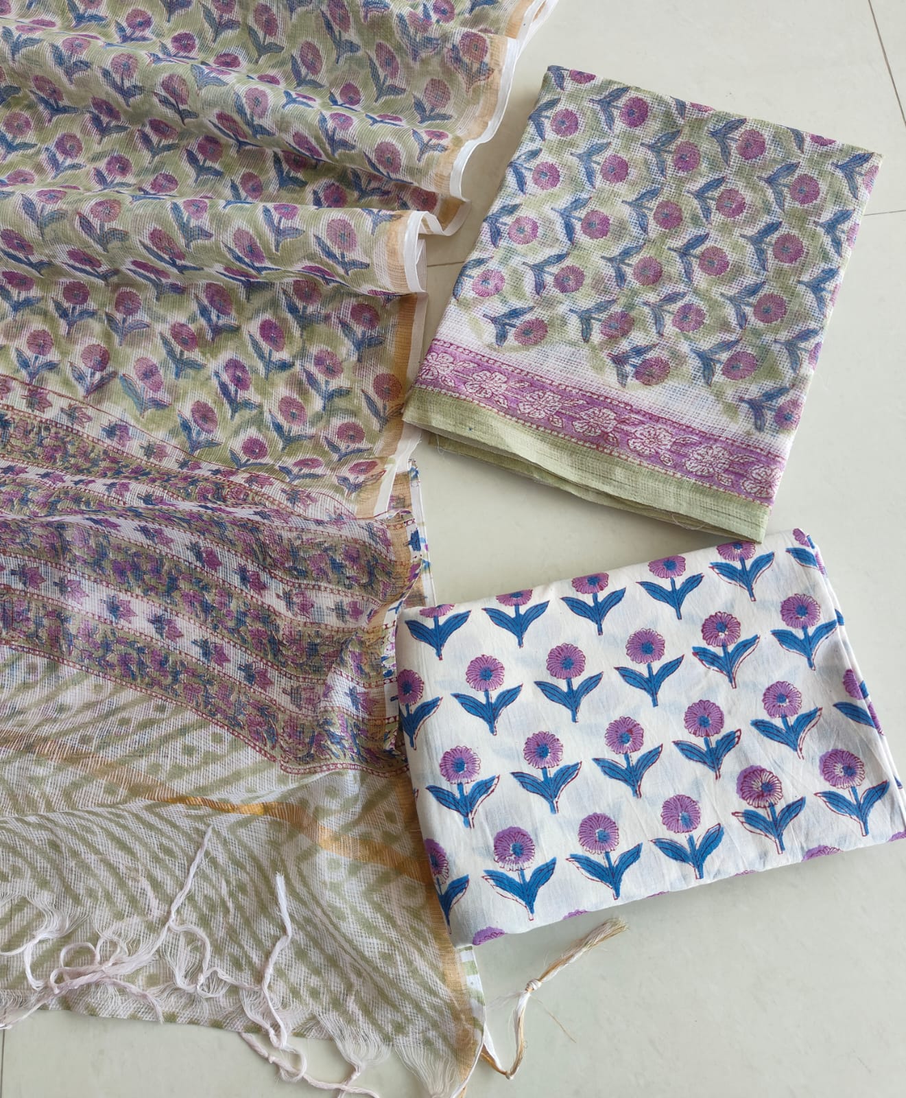 Purple Marigold Hand Block Print Kota Doriya Suit (MVFKO59)