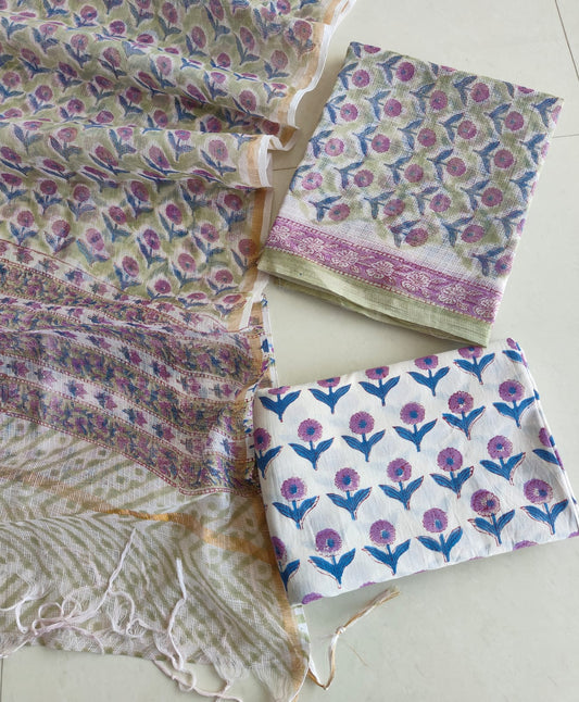 Purple Marigold Hand Block Print Kota Doriya Suit (MVFKO59)