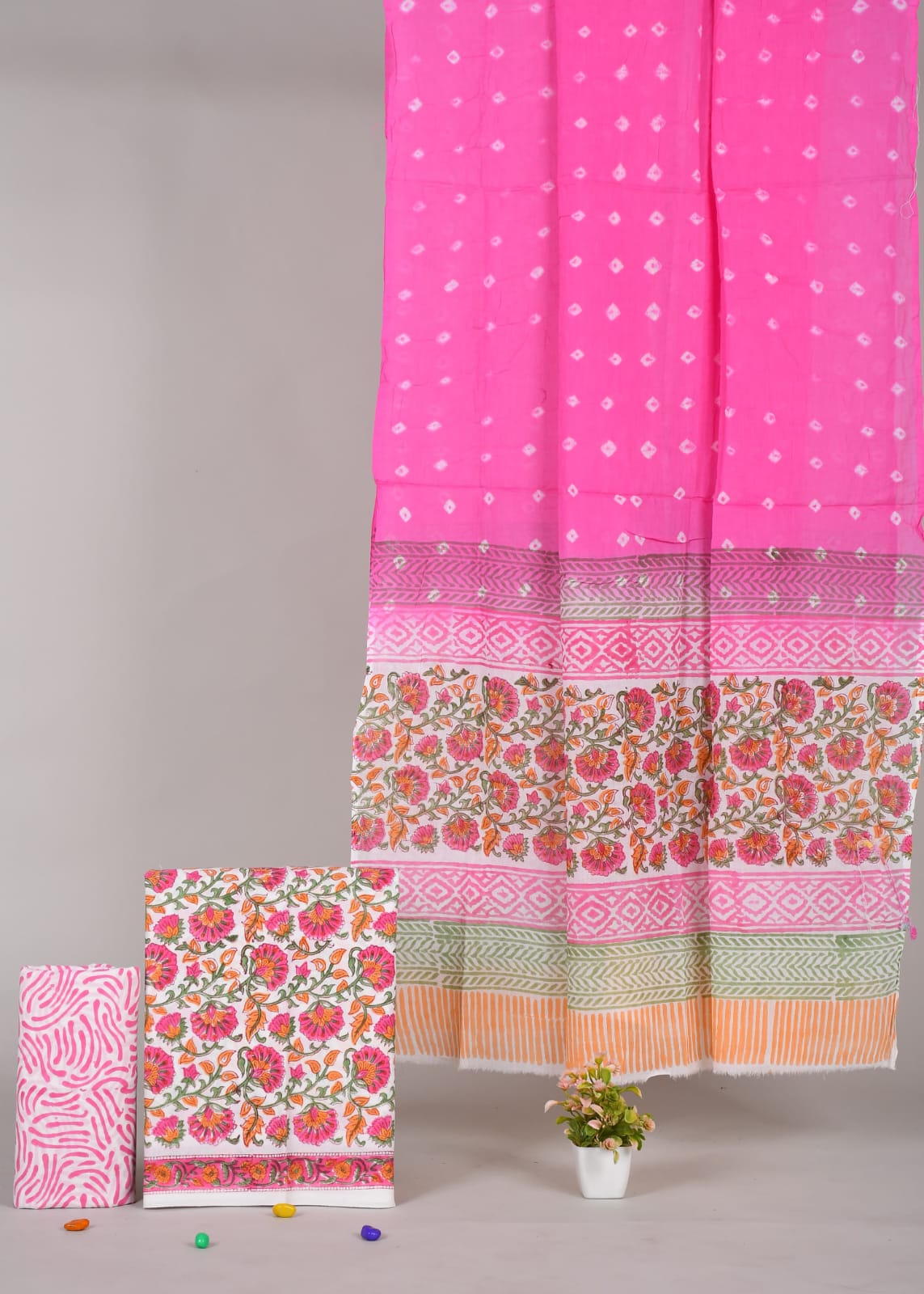 Pink Floral Border Cotton Suit Set | Hand Block Printed Unstitched Dress Material (MVCOT70)