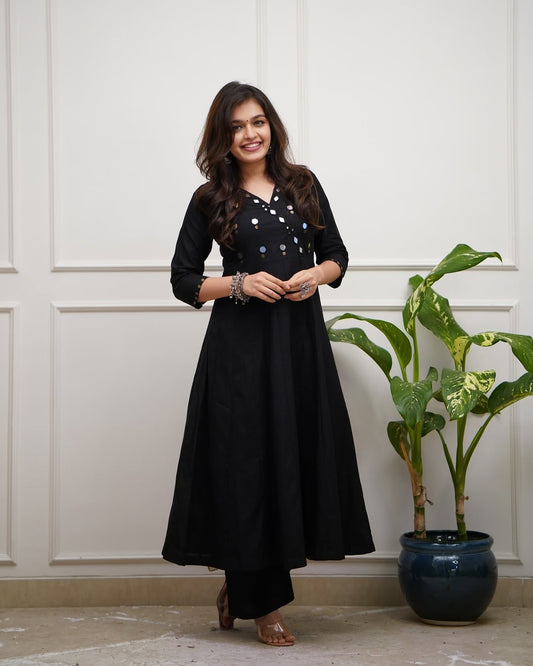 Black Cotton Kurti Pant Set with Mirror Work | Office Wear A-Line Kurta for Women