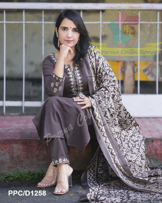 Brown Handloom Cotton Kurti Pant Dupatta Set with Aari Embroidery