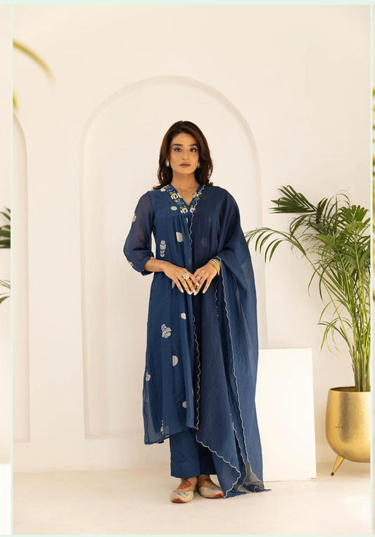 Navy Blue Mul Cotton Polka Dot Kurta Set | Festive 3Pc Suit with Bead Embroidery
