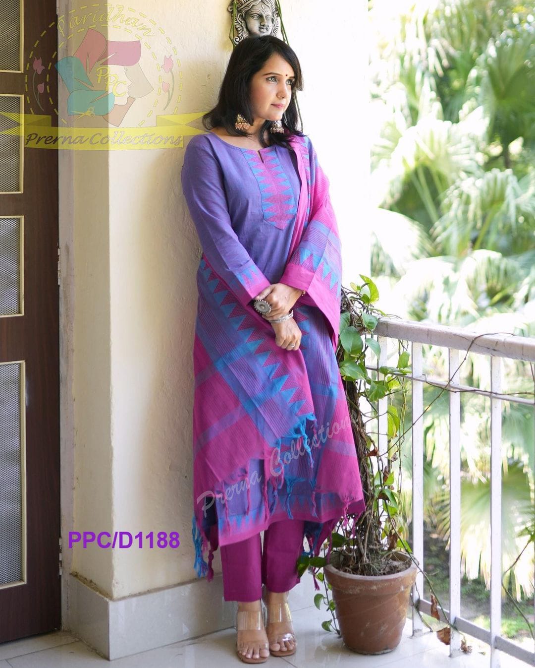 Purple Pink South Cotton Handloom Kurti Set with Temple Border