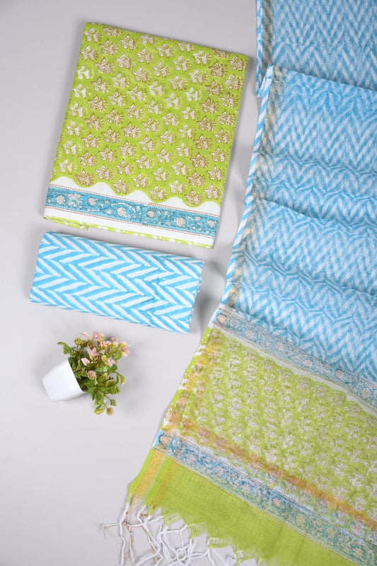 Lime Green & Aqua Blue Hand Block Printed Cotton Suit with Kota Doria Dupatta | Sanganeri Floral Print (MVCOTKD10)