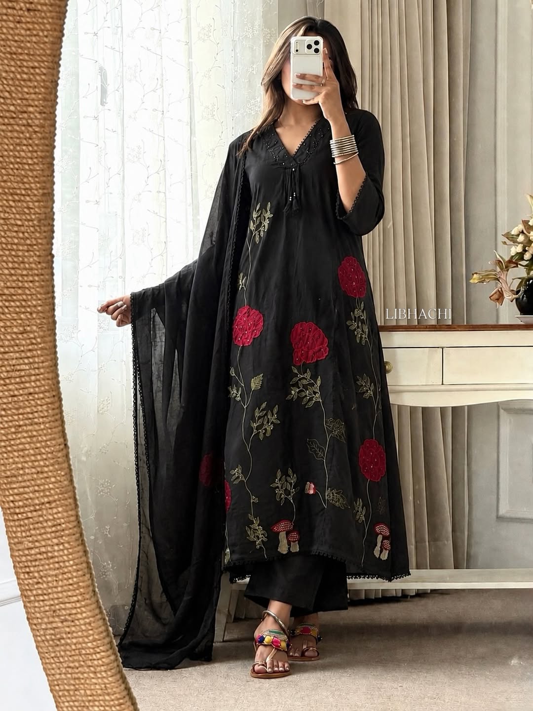 Black Cotton A-Line Kurta Set with Red Floral Hand Embroidery & Mulmul Dupatta