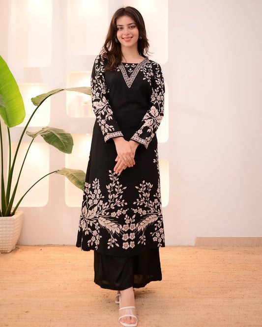 Black Rayon Designer Kurta Palazzo Set for Women