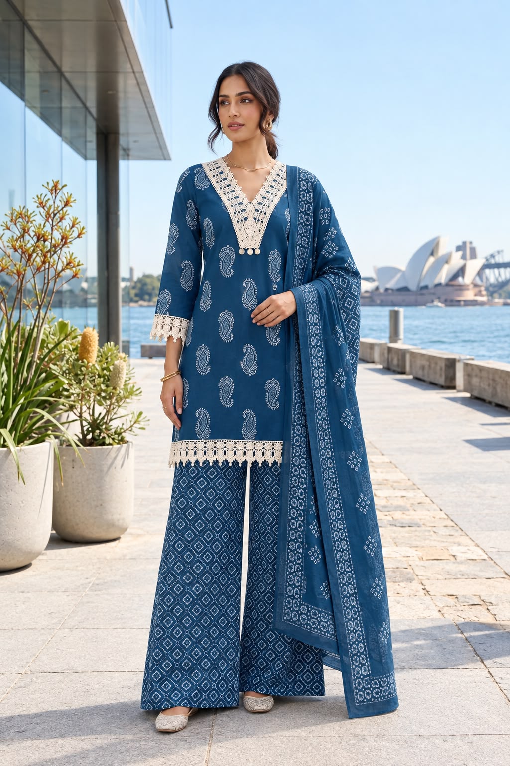 Teal Blue Printed Cotton Kurta Palazzo Set for Women