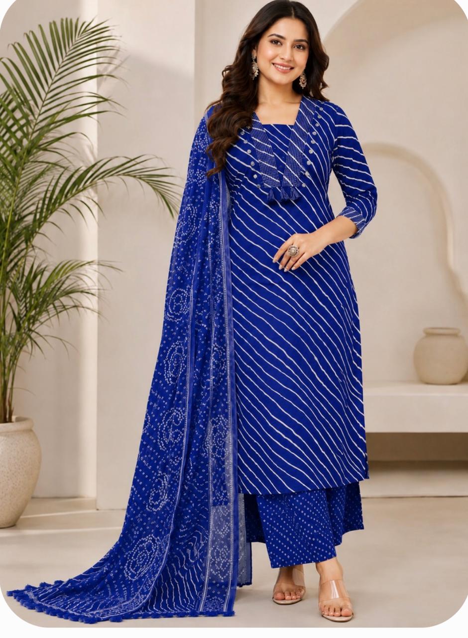 Royal Blue Lehariya Print Pure Cotton Suit Set |