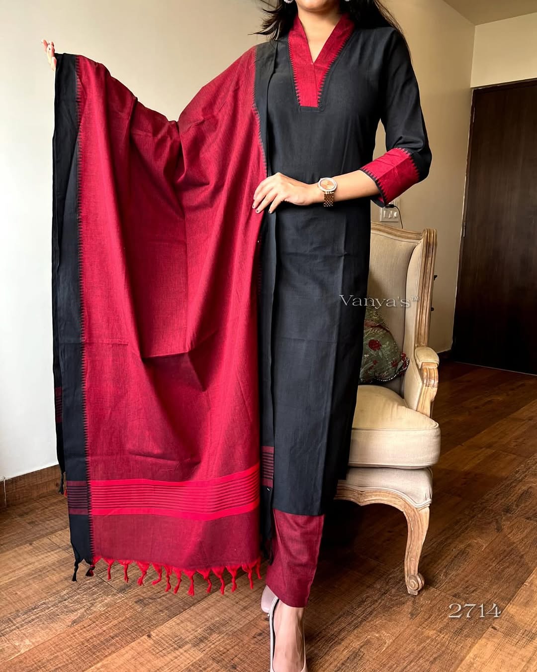 Black Red South Cotton Handloom Kurti Set with Temple Border