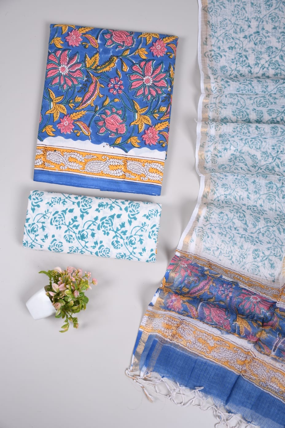 Royal Blue Mughal Floral & Teal Hand Block Printed Cotton Suit with Kota Doria Dupatta (MVCOTKD09)