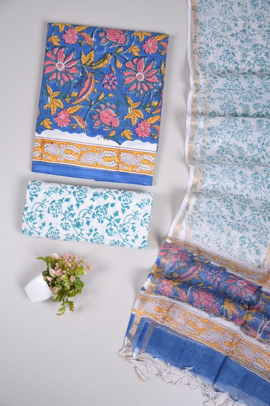 Royal Blue Mughal Floral & Teal Hand Block Printed Cotton Suit with Kota Doria Dupatta (MVCOTKD09)