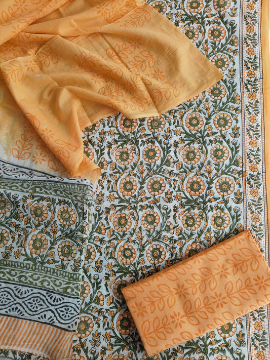 Mustard Yellow Hand Block Cotton Unstitched Suit Set with Dupatta (MVCOT28)