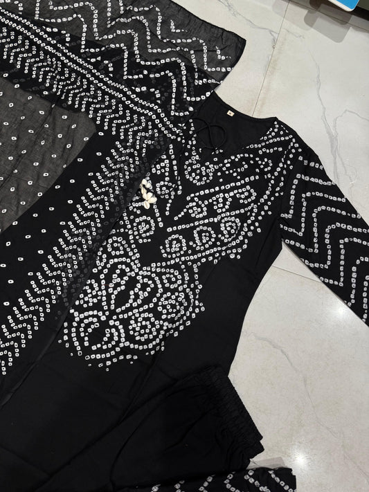 Black Bandhani Cotton Kurti Set for Women | Stylish Kurta Pant Dupatta