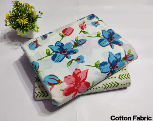 White Blue Floral Printed Top & Bottom Suit Set – Elegant Cotton Suit Material (MVTB28)