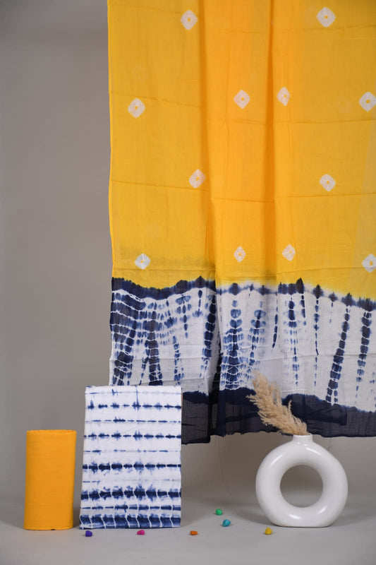 Yellow Blue Tie Dye Cotton Unstitched Suit Set with Shibori Pattern (MVCOT51)