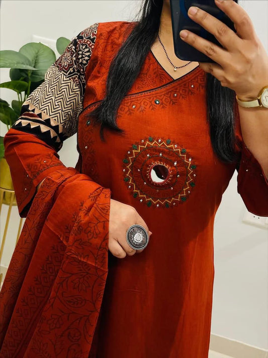 Classic Red Cotton Kurti Pant Dupatta Set for Women
