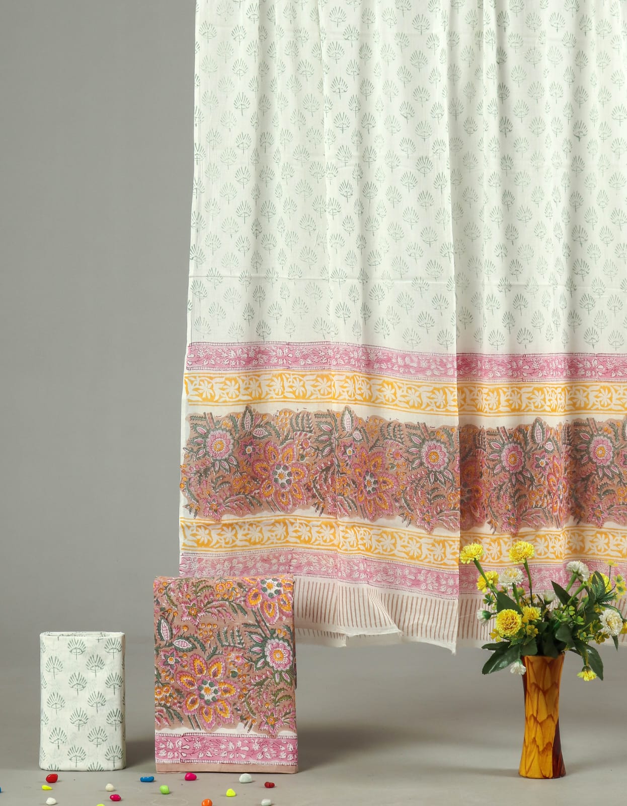 Cream Pink Hand Block Print Cotton Suit Set for Women | Floral Border Design (MVCOT01)