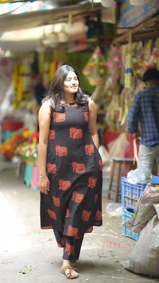Black Elephant Print Cotton Kurta Palazzo Set | Ethnic A-Line Halter Neck Outfit