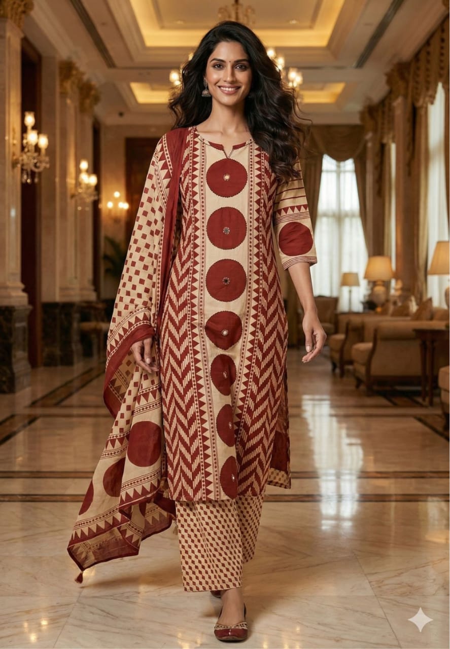Maroon Beige Ajrakh Cotton Kurti Pant Dupatta Set for Women