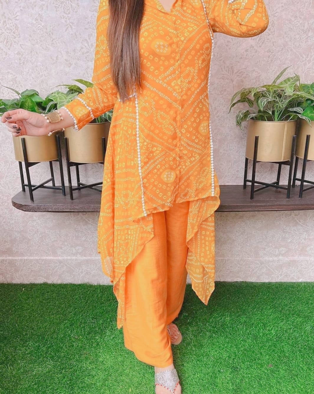 Orange Bandhani Print Asymmetric Kurti with Palazzo Set