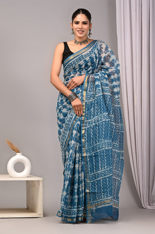 Teal Blue Kota Doriya Saree | Dabu Hand Block Print | Gold Zari Border (MVKS53)