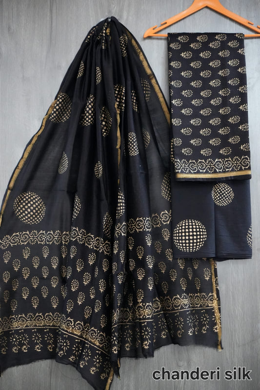 Black & Gold Circle Motif Hand Block Print Chanderi Silk Dress Material | (MVCHS27)