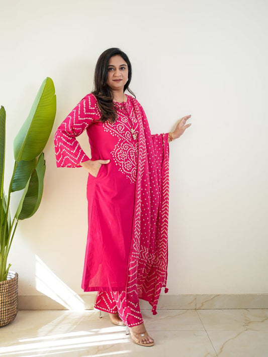 Pink Cotton Bandhani Kurti Set for Women | Printed Kurta Pant with Dupatta