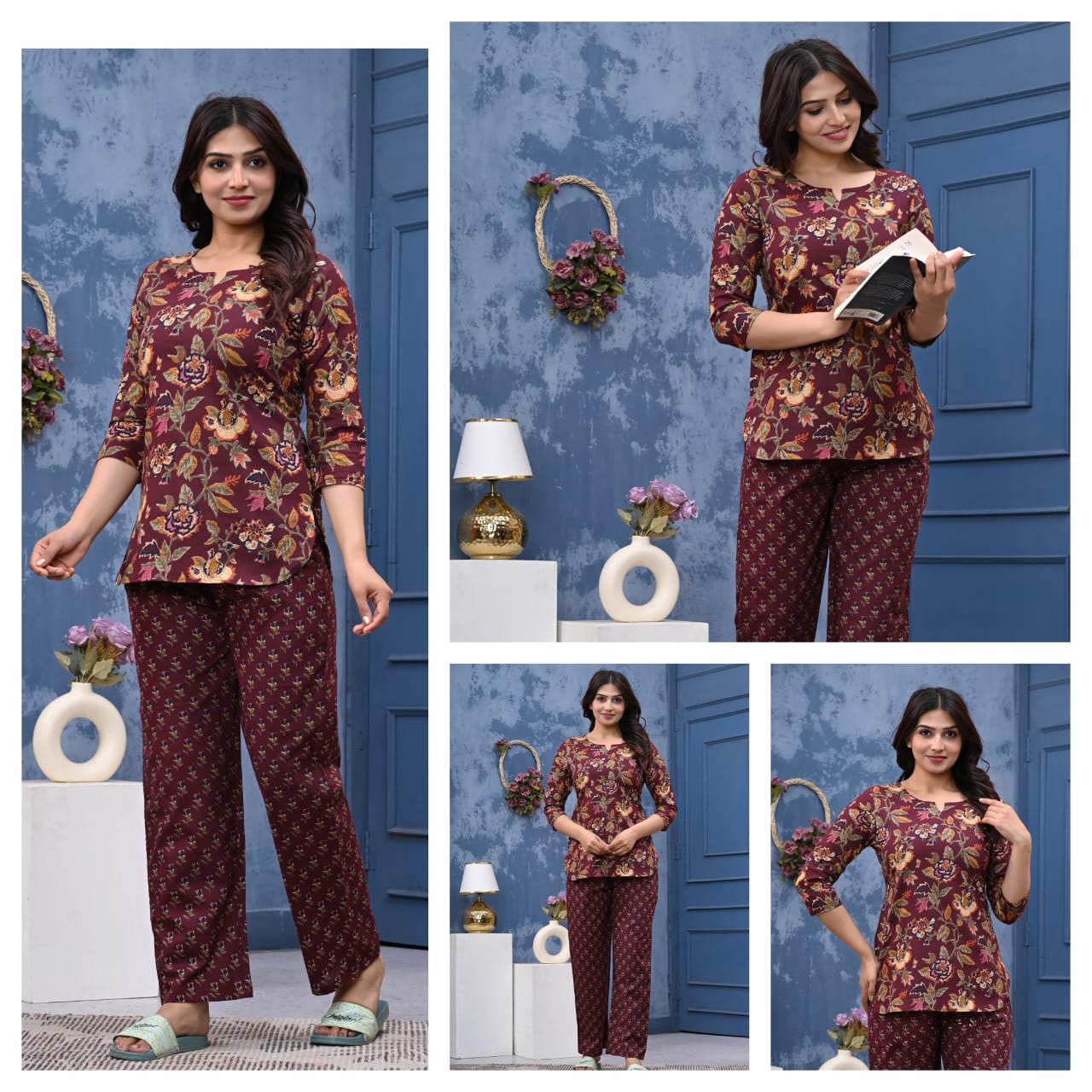 Maroon Floral Cotton Night Suit for Women | Premium Sleepwear (MVNS35)