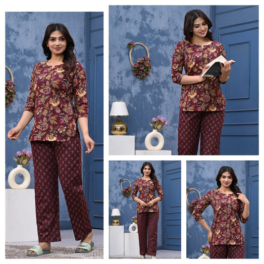 Maroon Floral Cotton Night Suit for Women | Premium Sleepwear (MVNS35)