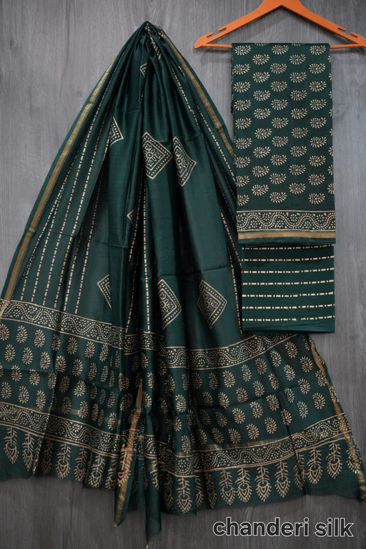 Bottle Green & Gold Hand Block Print Chanderi Silk Dress Material (MVCHS25)