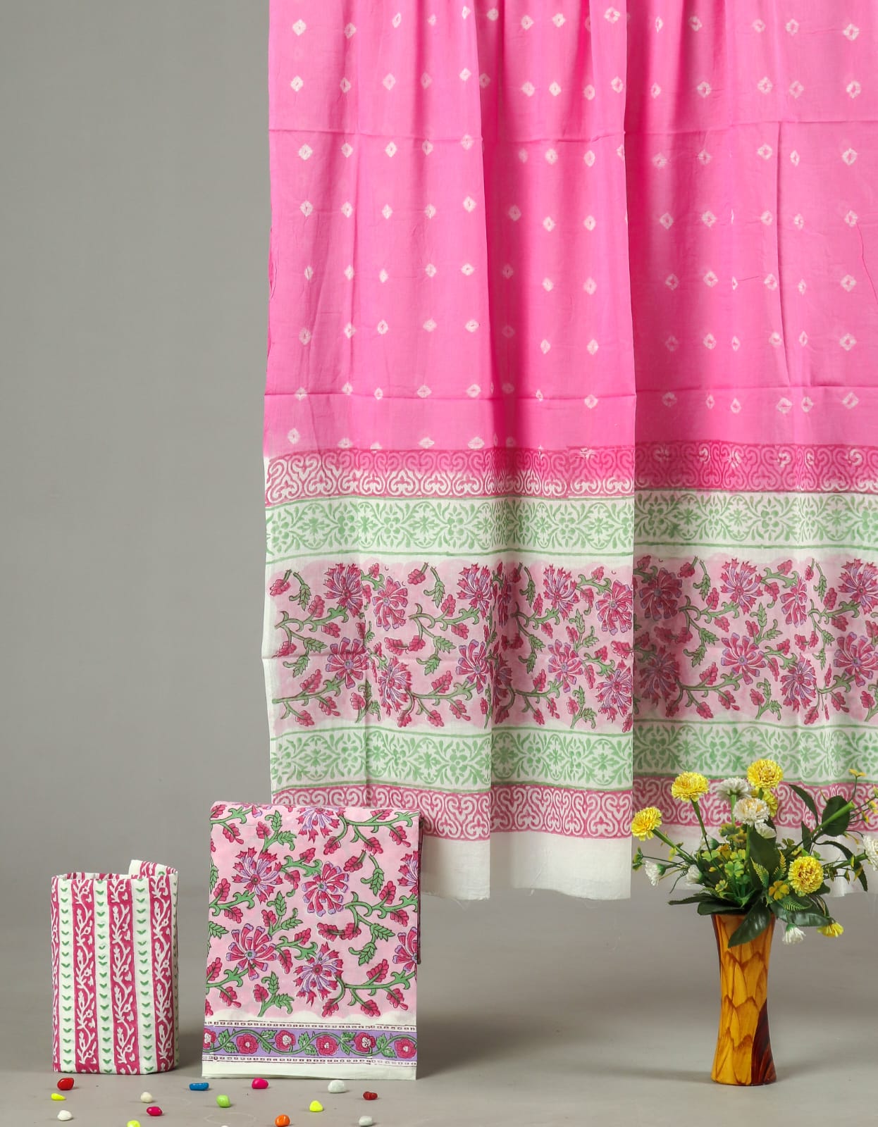 Pink White Floral Printed Cotton Unstitched Suit Set for Women (MVCOT22)