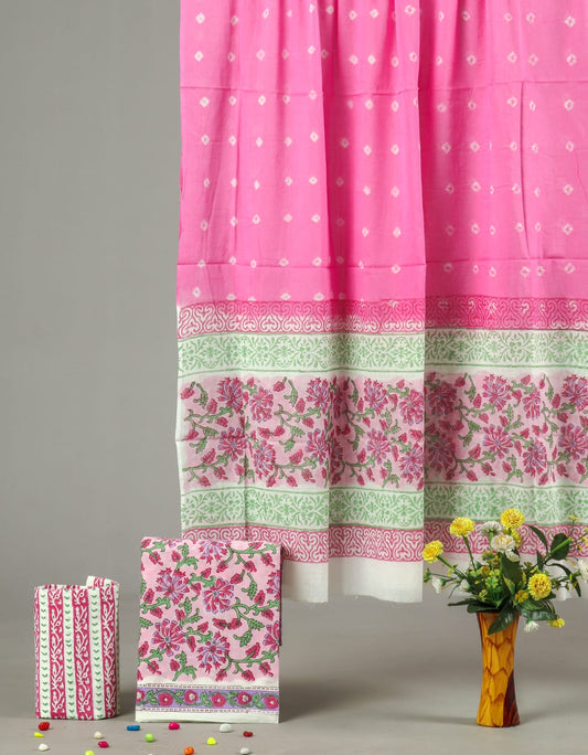 Pink White Floral Printed Cotton Unstitched Suit Set for Women (MVCOT22)