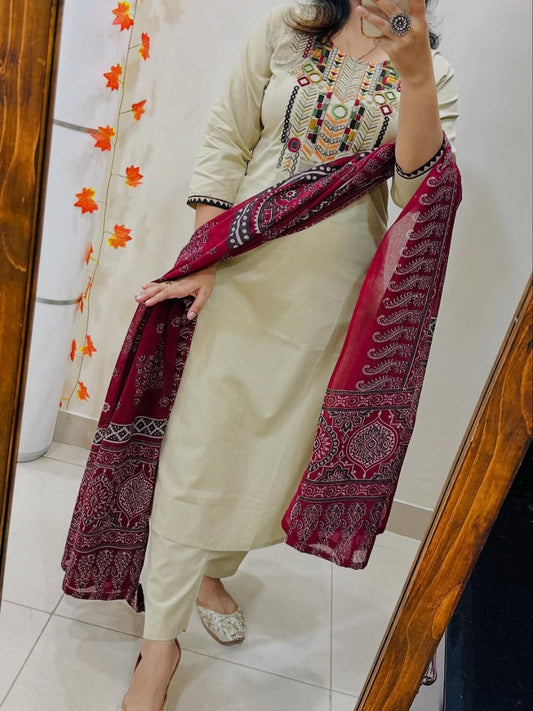 Cream Cotton Suit with Maroon Ajrakh Dupatta