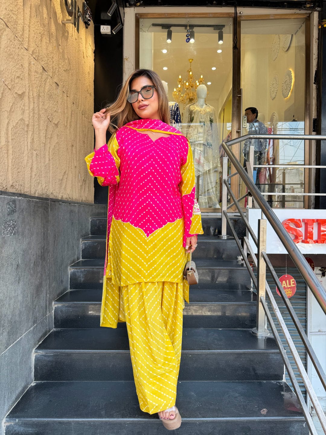 Pink & yellow Bandhani Print Co-ord Set | Vibrant Chevron Leheriya Kurta Palazzo Set