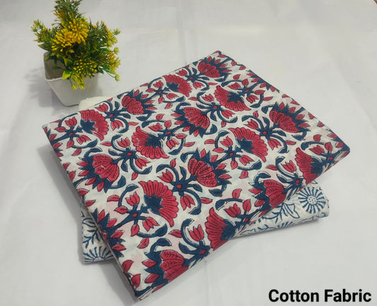 White Red Blue Floral Cotton Fabric – Premium Printed Cotton Dress Material(MVTB095)