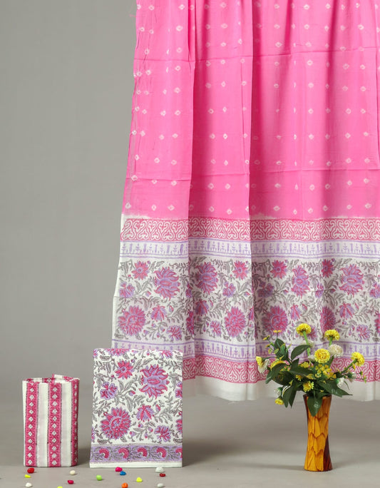 Pink Floral Border Printed Cotton Unstitched Suit Set with Dupatta (MVCOT64)