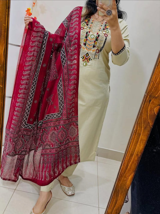 Cream Cotton Suit with Maroon Ajrakh Dupatta