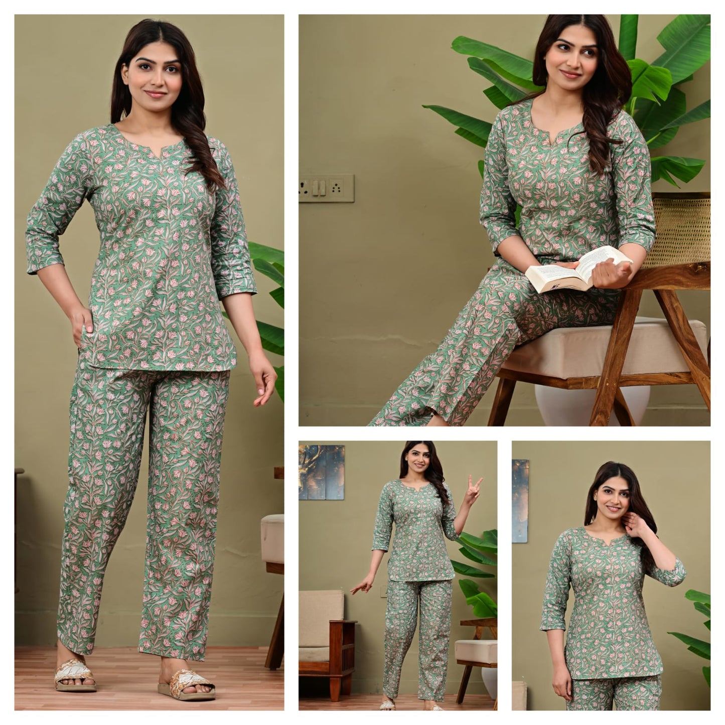 Light Green Printed Cotton Night Suit for Women | Comfortable Sleepwear (MVNS46)