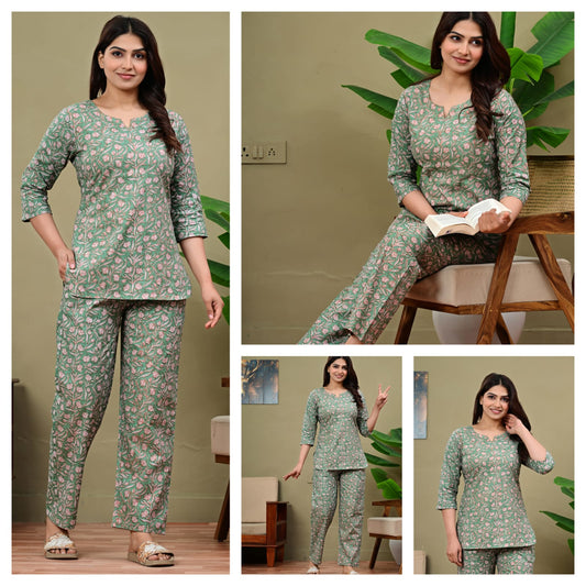 Light Green Printed Cotton Night Suit for Women | Comfortable Sleepwear (MVNS46)