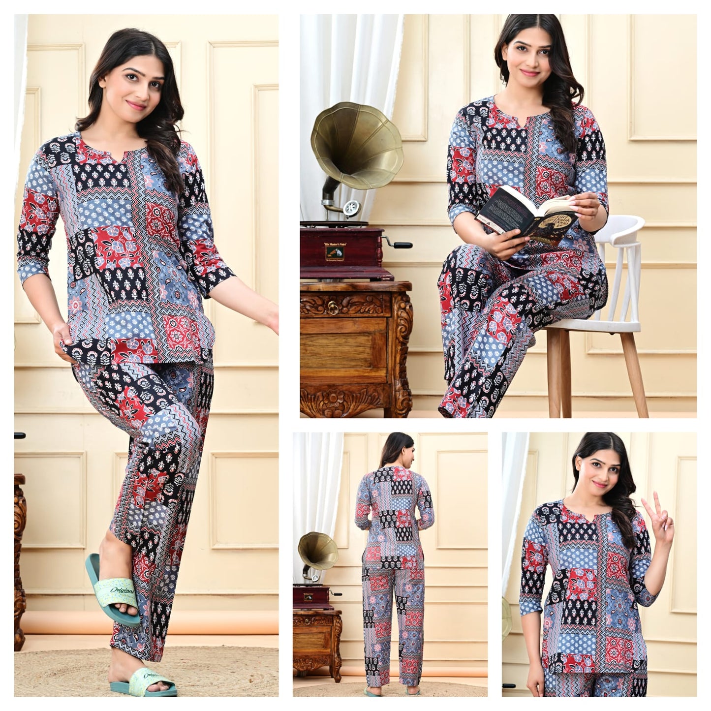 Multicolor Printed Cotton Night Suit for Women | Designer Nightwear (MVNS34)