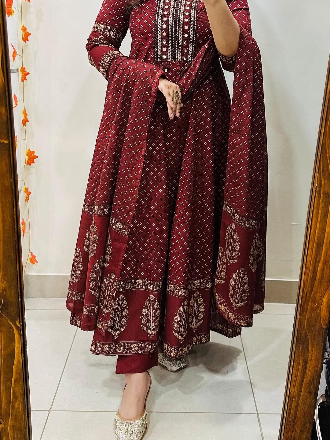 Maroon Heavy Cotton Anarkali Kurti Set | Hand Block Print | Mirror Neck Work