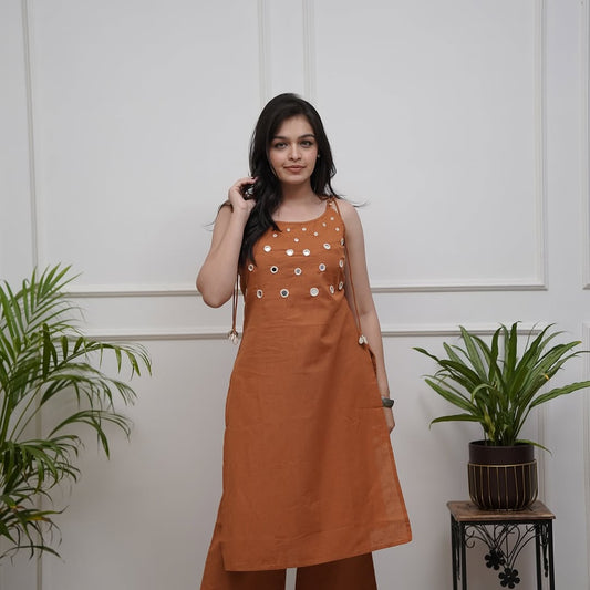 Rust Brown Cotton Slub Cord Set for Women | Mirror Work Sleeveless Kurta Plazo Set